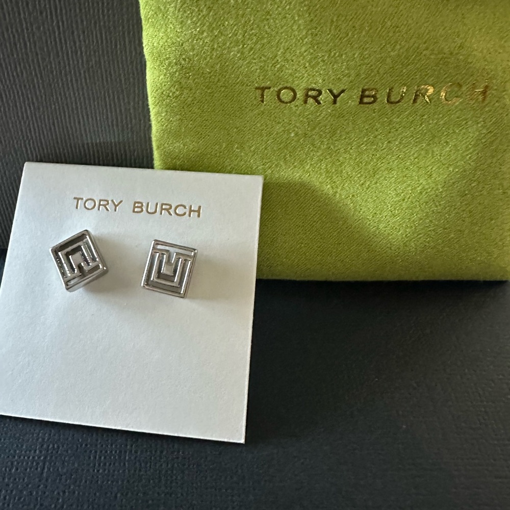 Tory Burch Silver Logo Stud Earrings